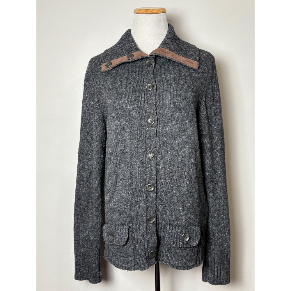Eddie Bauer Womens Cardigan Sweater L Gray Wool Cashmere Blend Fisherman Classic